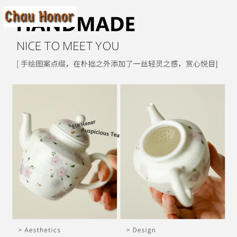 135ml Hand-painted Cherry Blossoms Teapot Retro Tea Infuser Pot Tea Brewing Kettle With Ball Hole Puer Teaware Accessories Gift