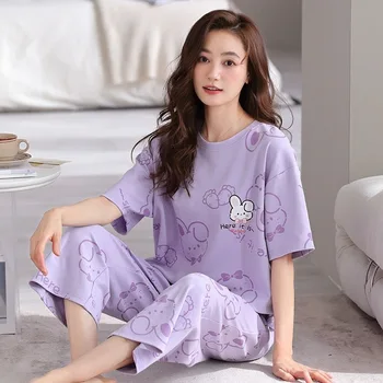 Pigiama donna top e pantaloni ragazza pigiameria Homewear Set girocollo a righe animali del fumetto Patteen Ladies Sleepwear Loungewear 1