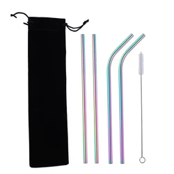 Vibrant Stainless Steel Reusable Straw Set - Eco-Friendly Drinking Utensils (5 Pieces) (Rainbow color set)