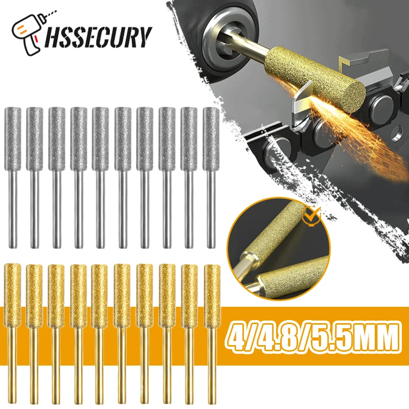 6/10/15PCS Diamond Coated Cylindrical Burr 4/4.8/5.5mm Chainsaw Sharpener Stone File Chain Saw Sharpening Carving Grinding Tools