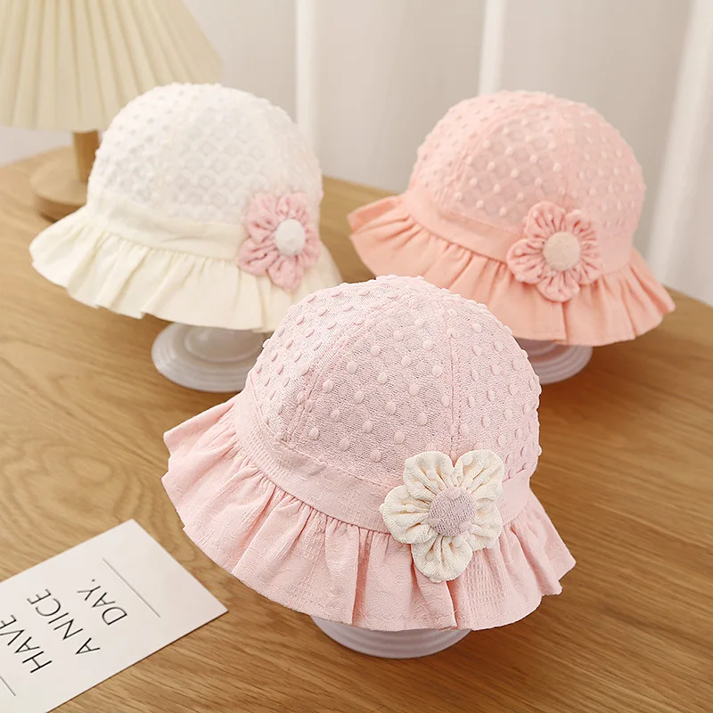 Sweet Cute Baby Bucket Hat Lace Ruffle Flower Toddler Girls Sun Hats For Kids Solid Color Cotton Fisherman Cap_voghion.com