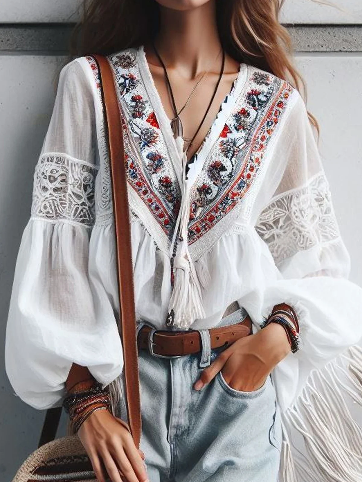 Bohemian West Ethnic Zip Top t-shirt à manches courtes