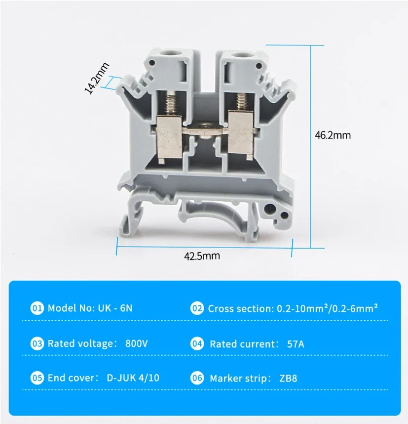 UK-6N Din Rail Terminal Block Universal Class Connector Screw Connection Terminal Strip Block UK6N Wire Conductor 10Pcs