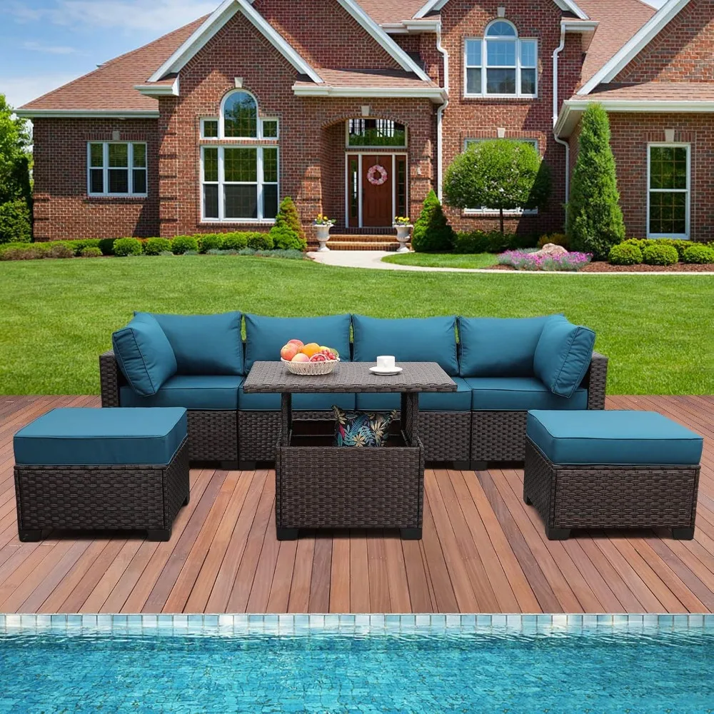 Outdoor Patio Dark Brown Rattan 7 Piece Sectional Set PE Wicker Conversation Sofa with Liftable Storage Table, Non-Slip 5" Thick 5