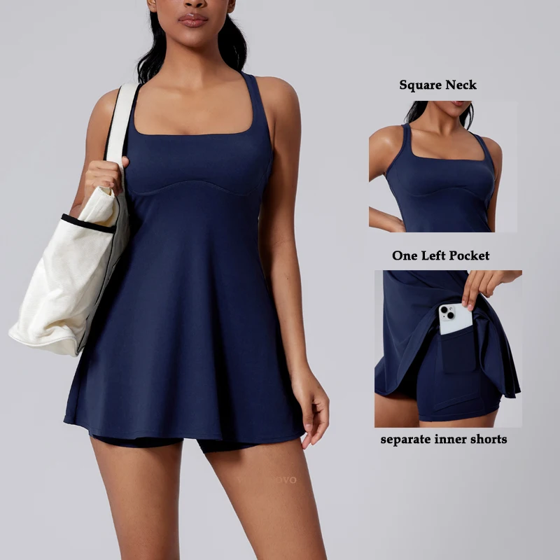 Womens Tennis Dress Square Neck Sleeveless Athletic Dress Open Racerback Workout Golf Dresses for Women with Shorts Pockets 2pcs
