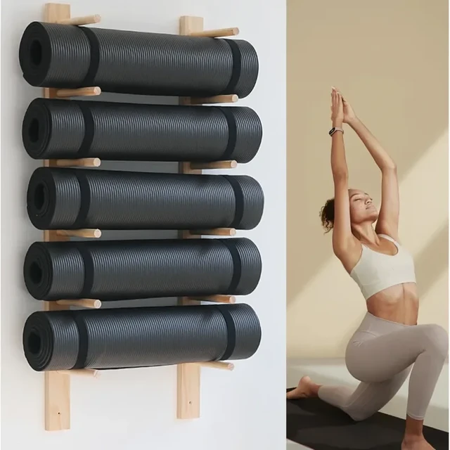 Solid Wood Yoga Mat Storage Organizer Fitness Equipment Wall Foam