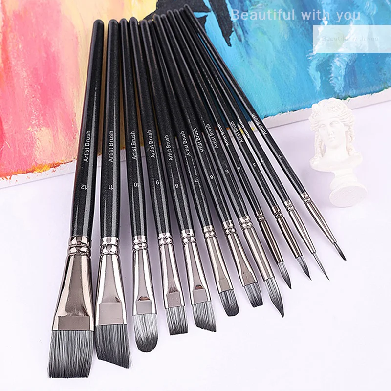 12Pcs Wooden Poles Nylon Hair Face Painting Body Painting Brushes Oil Painting Acrylic Watercolor Painting Pen Set
