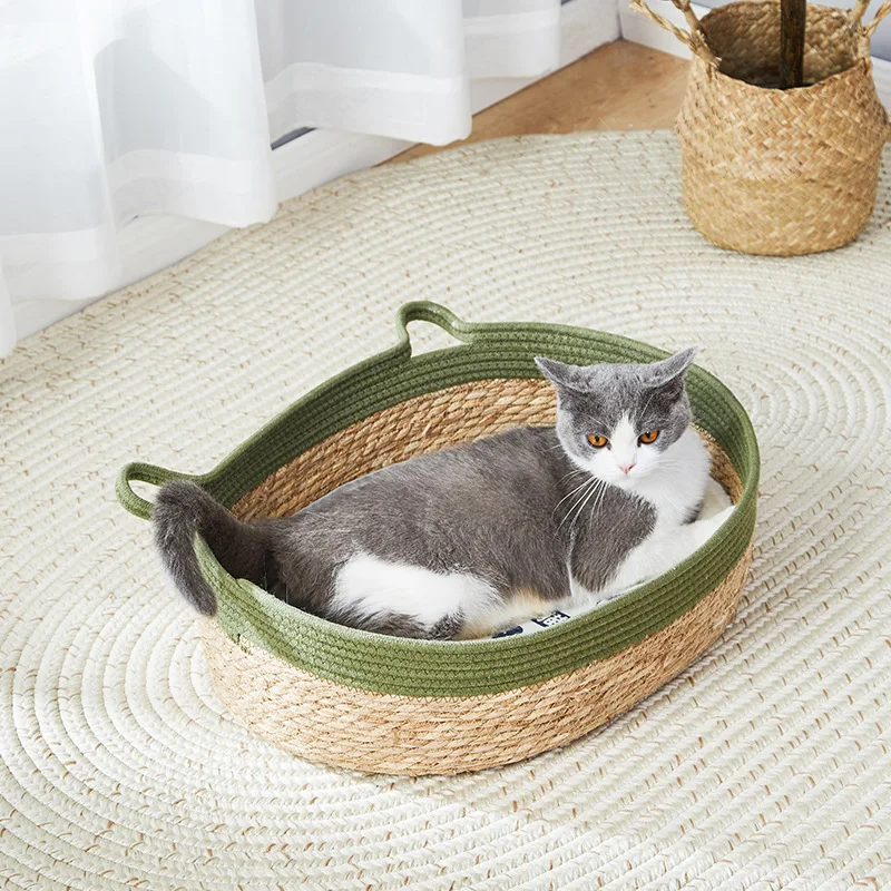 

YOKEE Pet Cat Mat Dog Bed Sofa Weaving All Seasons Cozy Nest Baskets Waterproof Removable Cushion Sleeping House Scratch Board