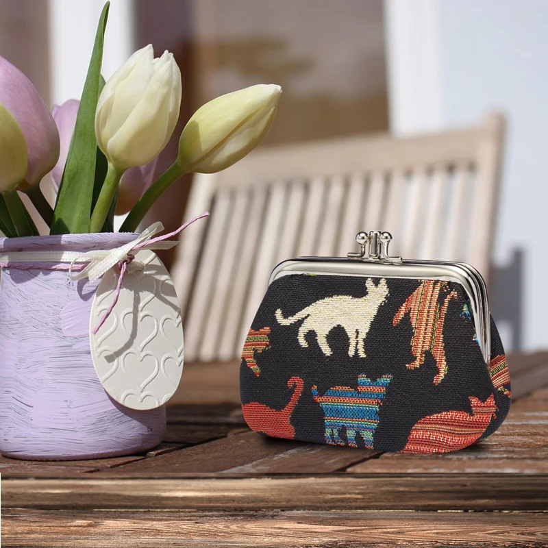 SAJA Tapestry Women's Wallet Coin Purse Key Wallet Pouch Double Pocket Kiss lock Cute Cat Bag Coin Holder For Girl Ladies Gift