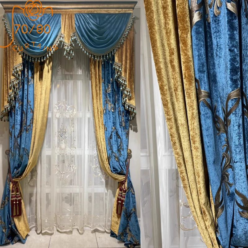 

High End Palace Blue Gilding Embroidered Flannelette Patched Curtains for Living Room Bedroom French Window Villa Customization