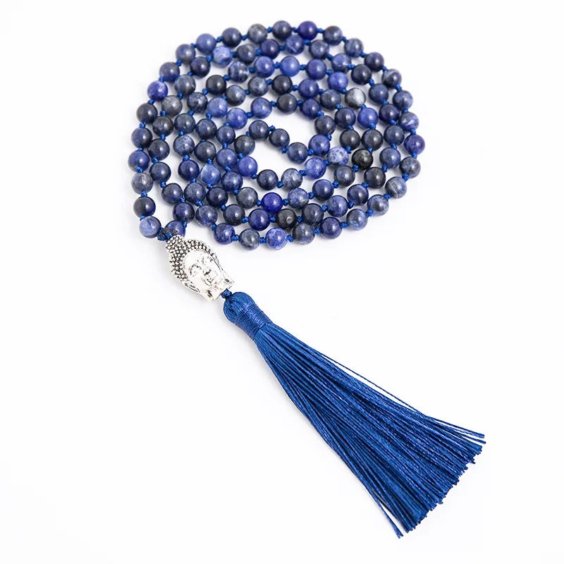 

6mm Natural Sodalite 108 Mala Beads Necklace Meditation Yoga Prayer Jewelry with Buddha Head Tassel Pendant Japamala Rosary