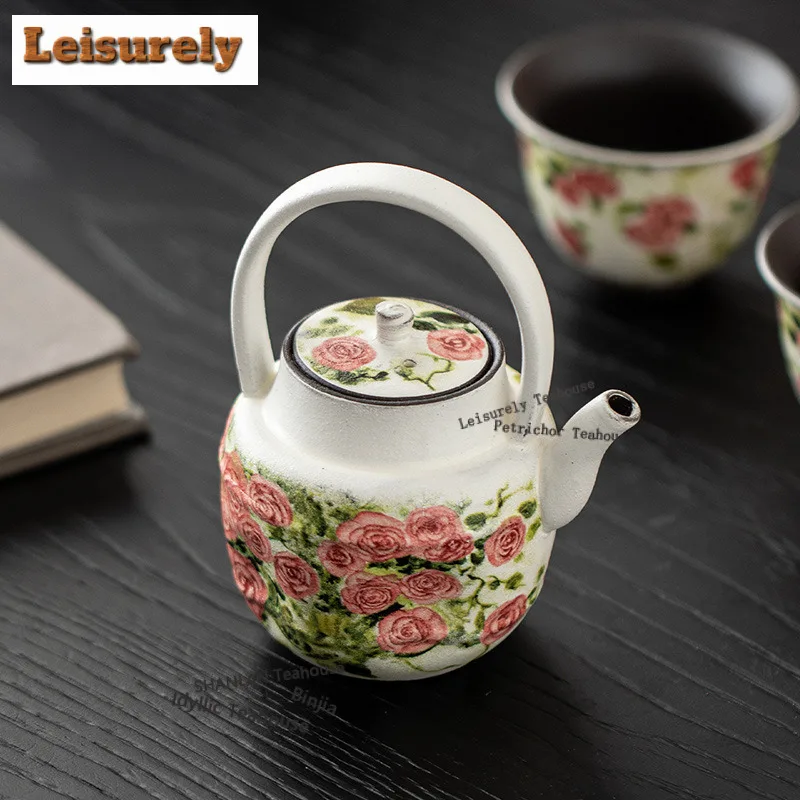 175ml Oil Painting Rose Porcelain Handle Teapot Zen Tea Infuser Pot Tea Making Kettle with Filter White Tea for Tea Ornaments