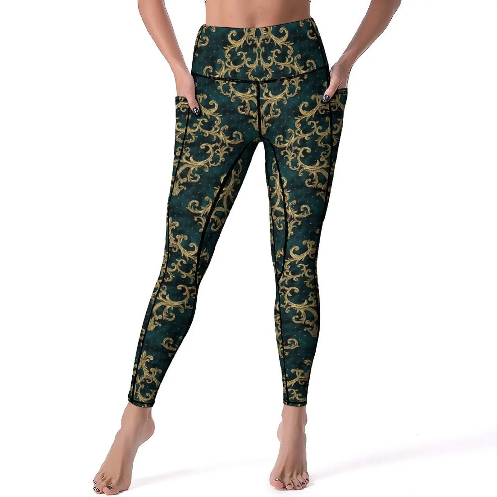 

Velvet Baroque Print Leggings Gold And Green Workout Yoga Pants High Waist Funny Sport Pants With Pockets Stretch Yoga Legging