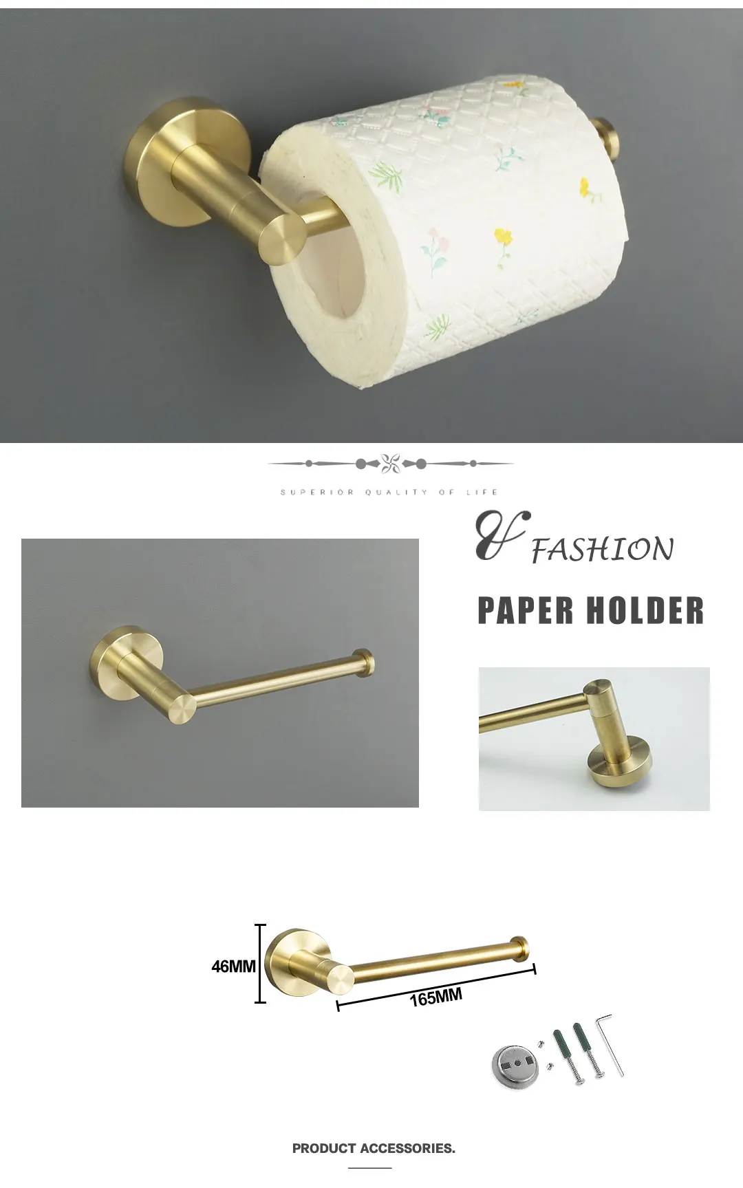 Bathroom Hardware Accessories Set Brushed Gold Stainless Steel Kit Towel Bar Ring Robe Hook Paper Holder Towel Ring Toilet Brush