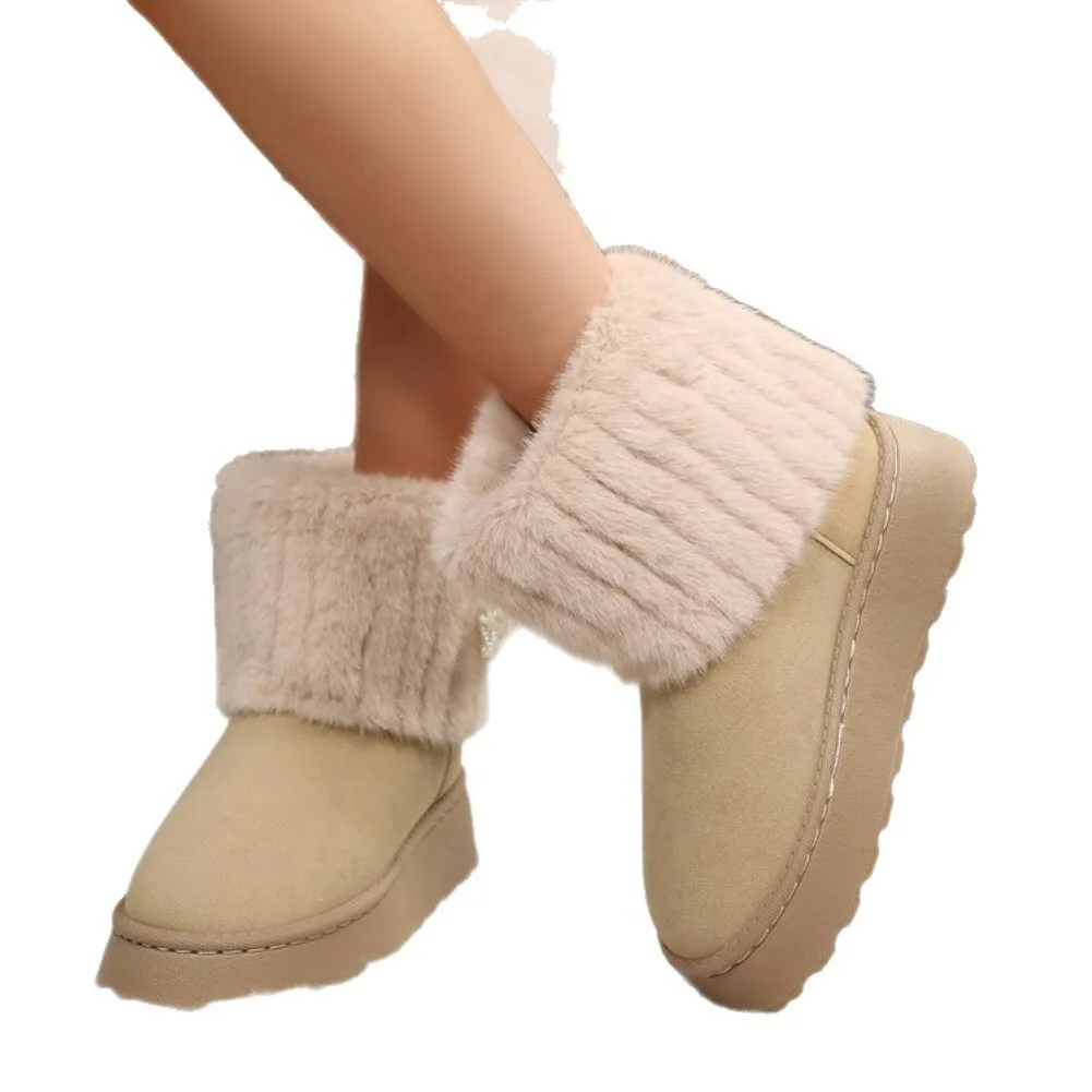 Shoes for Women Winter Slip on Women's Boots Black Round Toe Solid Flock Plush Warm Mid Heel Water Proof Casual Snow Boots Women