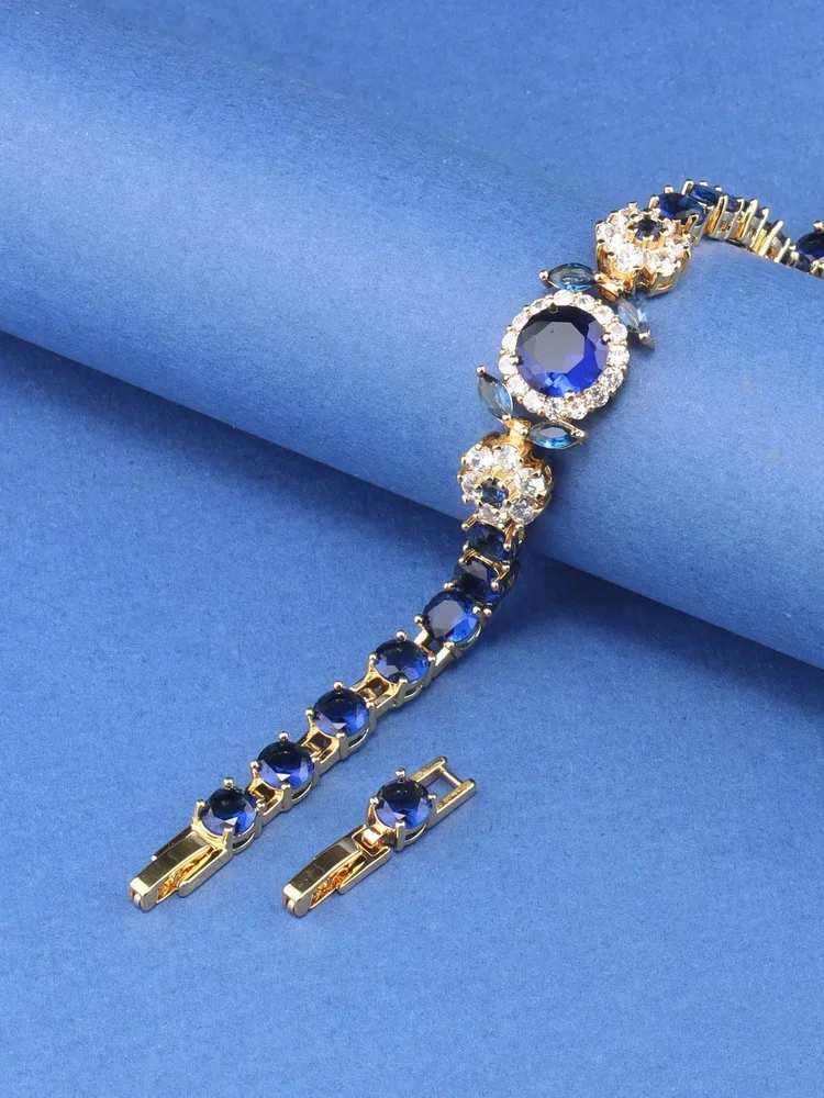 Elegant Blue Cubic Zirconia 925 Silver Charm Bracelet with Adjustable Length
