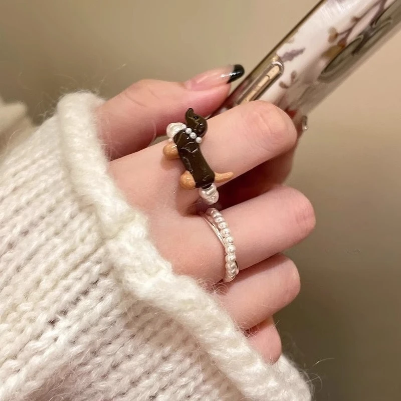 Delicate Puppy Pearl Rings for Women Girls Cute Cartoon Imitation Pearl Bead Ring Set Fashion Jewelry Accessories Student Gifts - 5