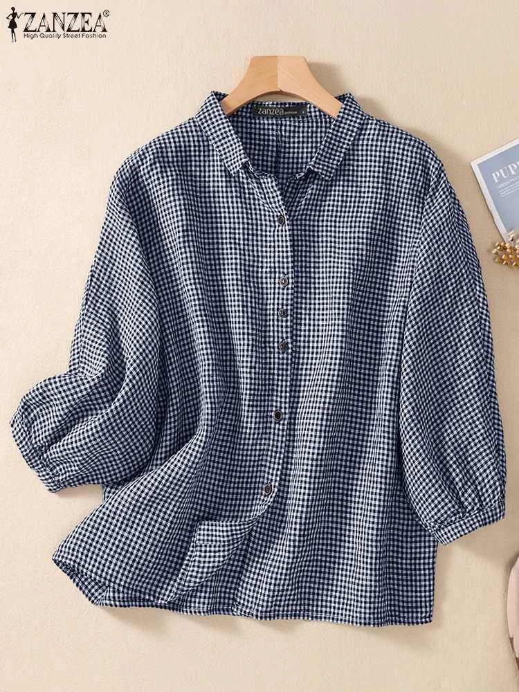 

Women Summer Lapel Neck 3/4 Sleeve Blouse ZANZEA Vintage Plaid Checked Shirt Female Casual OL Work Tops Button Down Blusas Tunic