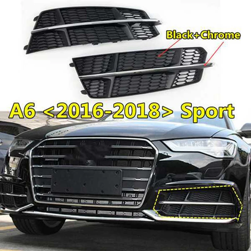 

1Pair Car Front Bumper Fog Light Grille Fog Lamp Grill Cover With Chrome Strip For- A6 C7 S-Line S6 2015-2018