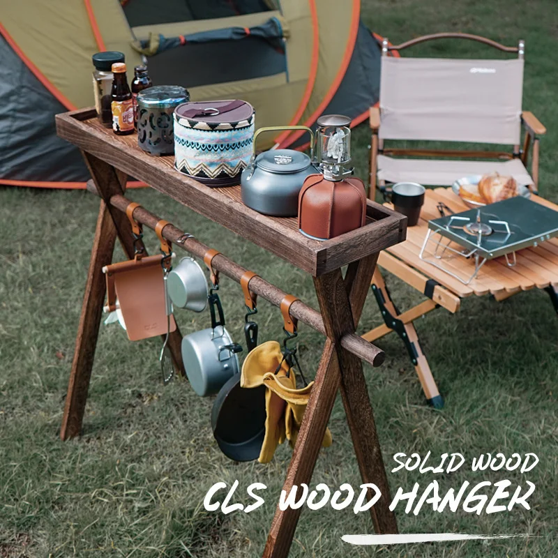 

Camping Wood Rack Shelf Solid Wood Tripod Outdoor Picnic Cookware Tableware Hanger Holder Rack Camping Accessories Tools Shelves