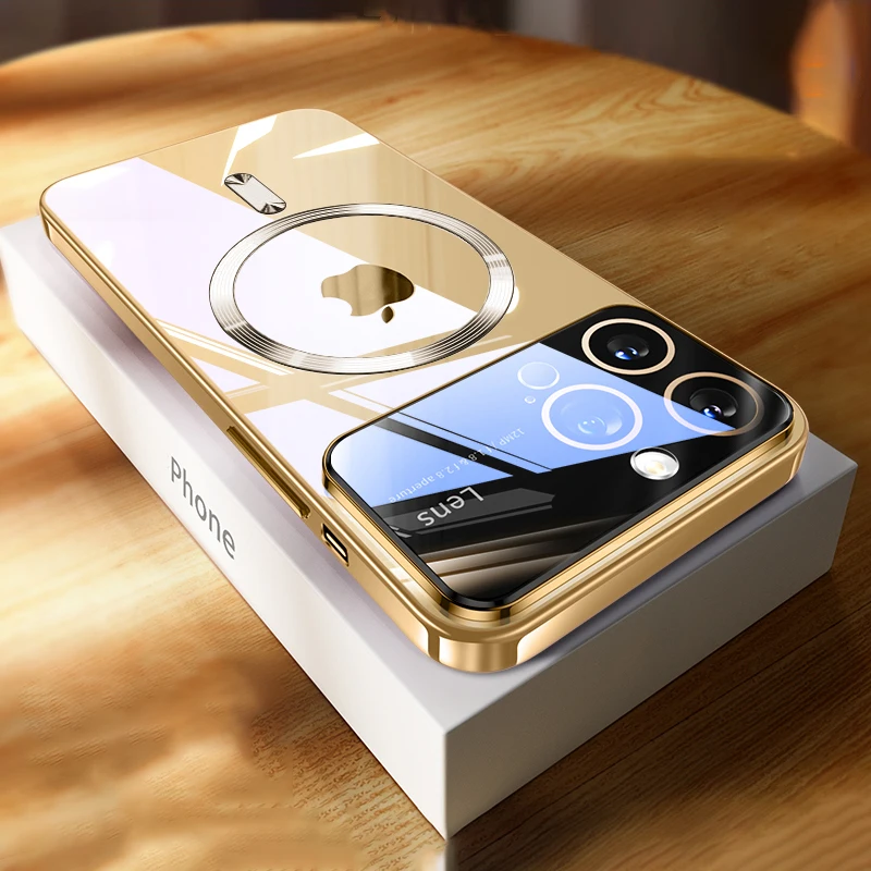 thumbnail image 1 of Funda de teléfono de carga inalámbrica transparente con ventana de chapado magnético de lujo para iPhone 11, 12, 13, 14, 15 Pro Max Plus, cubierta suave a prueba de golpes, 1 of 5