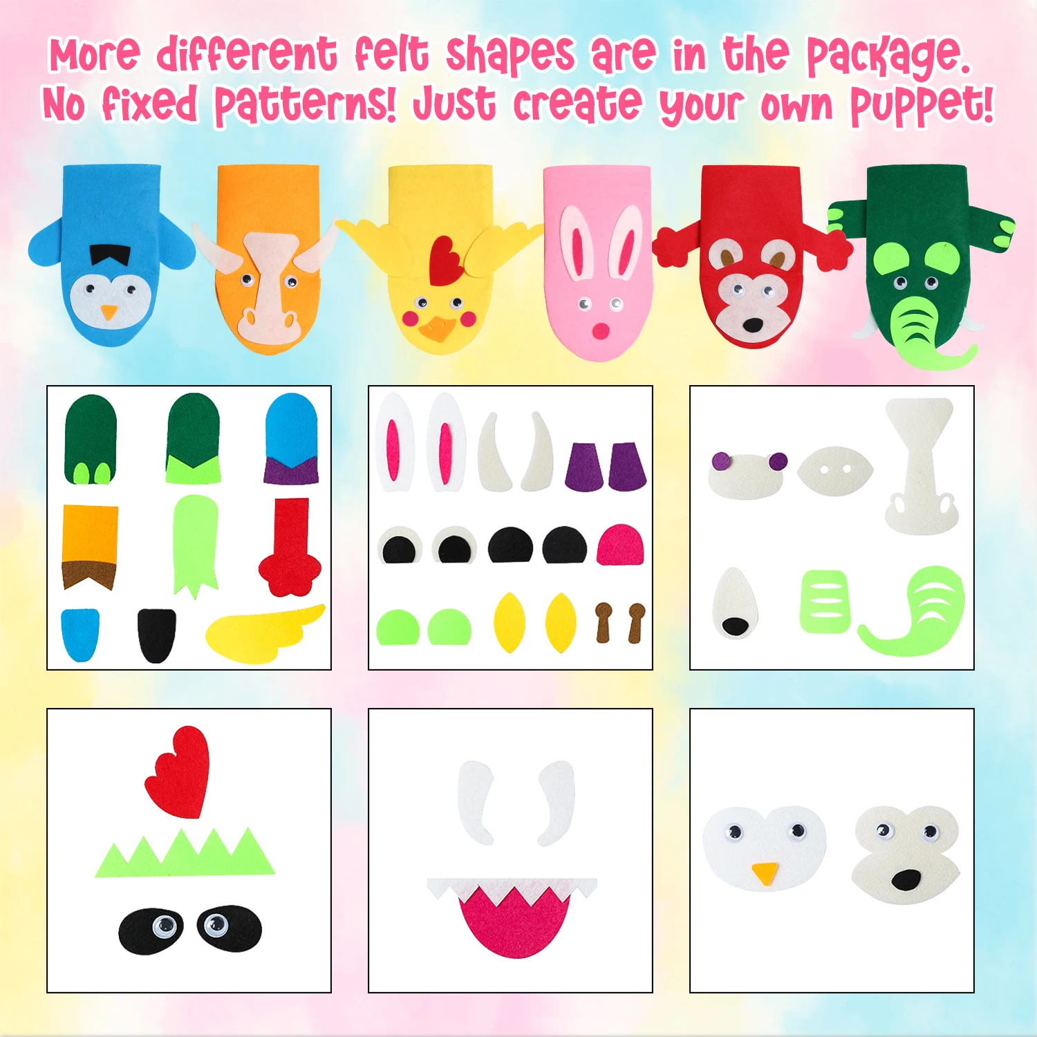 6Pcs Hand Puppet Making Kit for Kids Art Craft Felt Toys Make Your Own Sock Puppet Pompoms Wiggle Googly Eyes DIY Material Kits hand puppet making kit