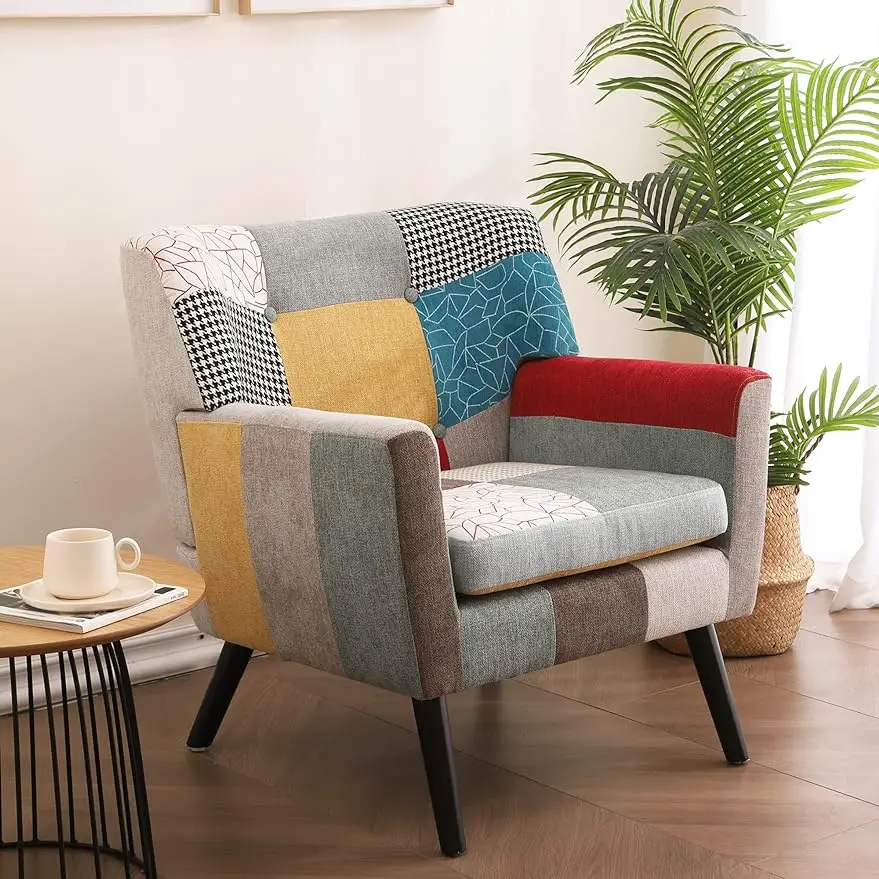 

Mid Century Modern Fabric Accent Chairs,Upholstered Tufted Armchair,Comfy Single Sofa Chair with Rubber Wood Legs