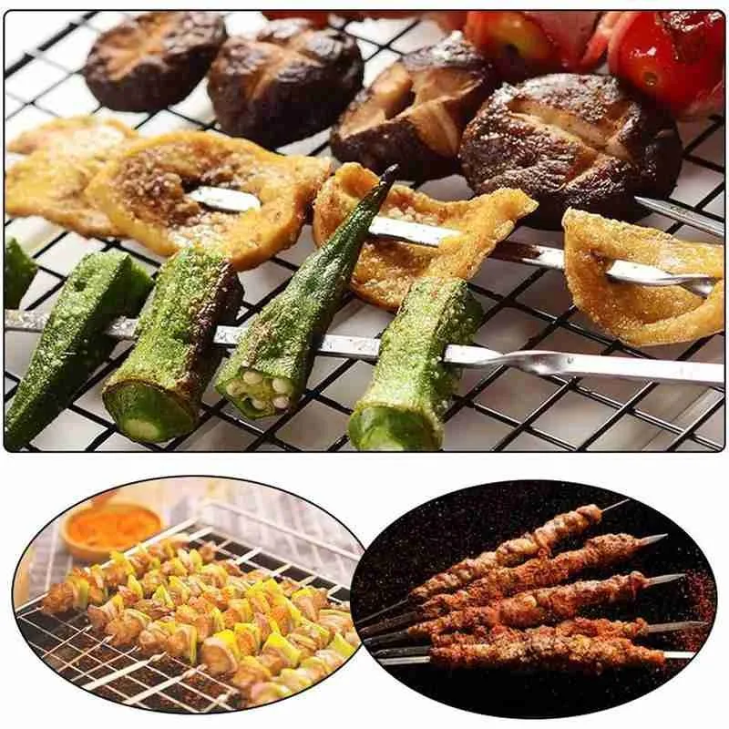 10/50/100pcs Bbq Utensils Steel Barbecue Sign Lamb Skewers Iron Sign Roasting Needle Flat Roasted Skewers Meat Brazier Tools