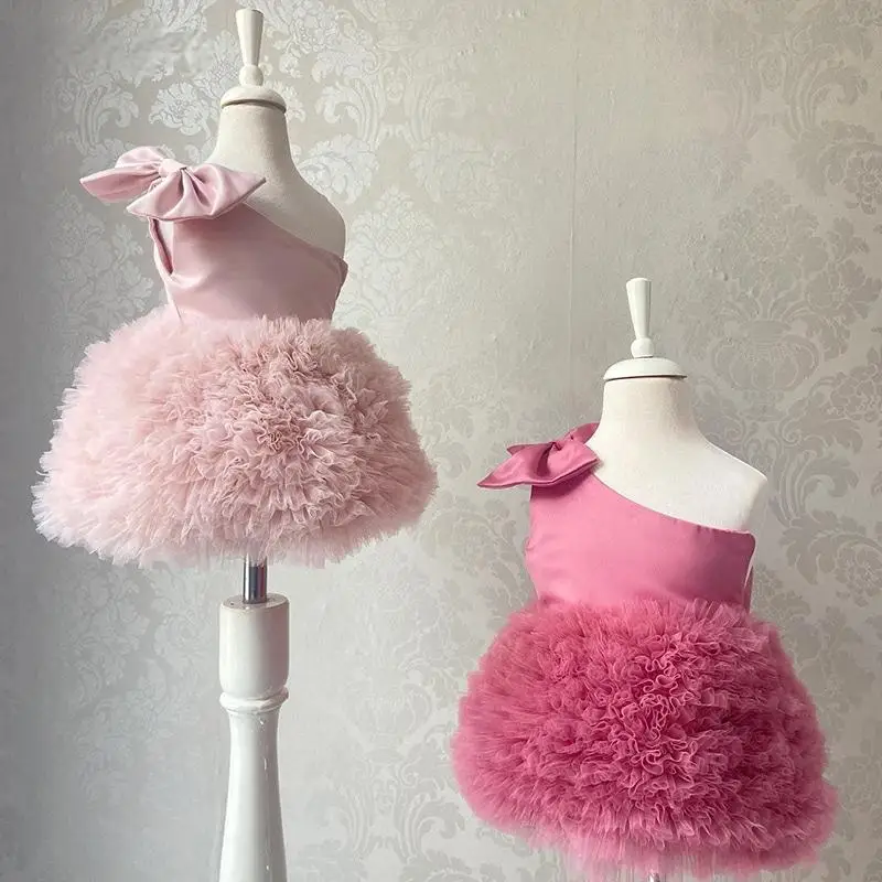 

Sweet Baby Girl Princess Bow Layered Tutu Dress Infant Toddler Child Off Shoulder Tulle Vestido Party Birthday Baby Clothes 1-5Y