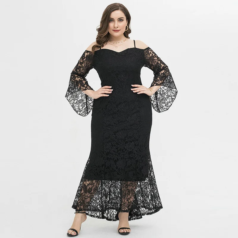 

Plus Size Women Evening Dresses Elegant Lady Long Lace Splicing Party Dresses Fashion Casual Solid Color Large Size Halter Dress
