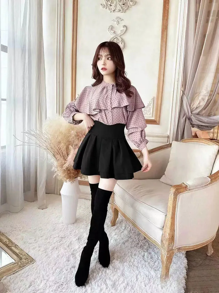 Japanese Style Lolita Black Skirts Women Spring Autumn New Elastic Waistline Slim Short Pleated Female Mini Culottes Cute Girl