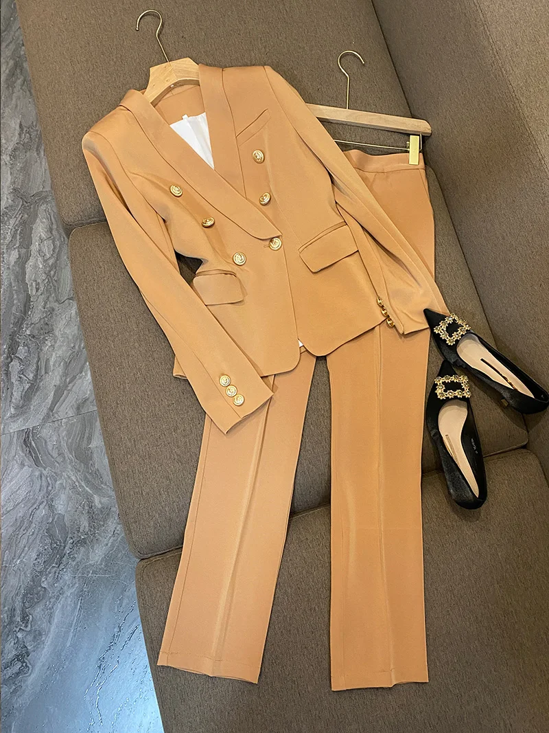 Women Elegant Fashion juicy Suit Noted Metal Button Jacket Coat Top And Pant Two Piece Set Matching Outfit 2023 New Prom Clothes