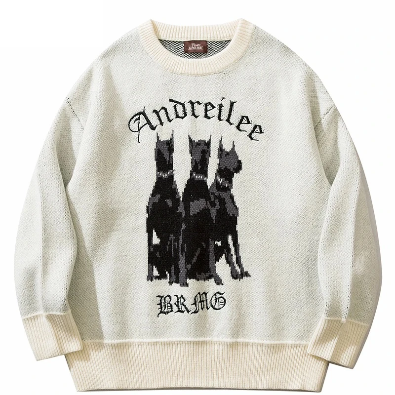 

2023 Men Sweater 3 Doberman Dog Graphic Streetwear Knitted Sweater Hip Hop Retro Pullover Autumn Cotton Casual Sweater Hipster