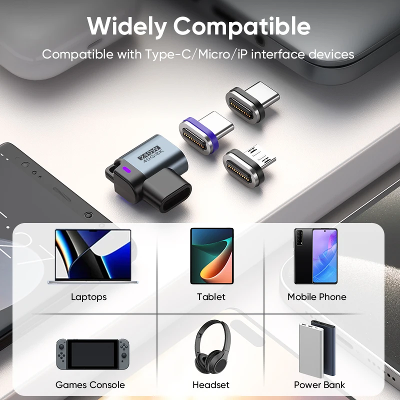 240W 타입-C 여성용 마그네틱 어댑터 컨버터 USB4.0 24핀 USB-C to USB-C 40Gbps 고속 충전 8K60Hz USB OTG 어댑터 썬더볼트3