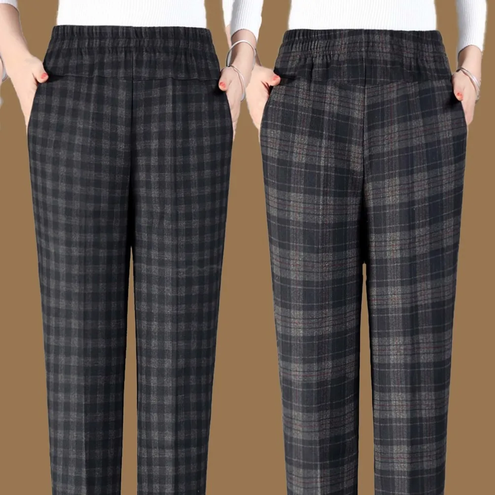 Spring New Korean Women's High Waist Elastic Plaid Casual Pants Patchwork Pockets Breathable Loose Versatile Straight Trousers