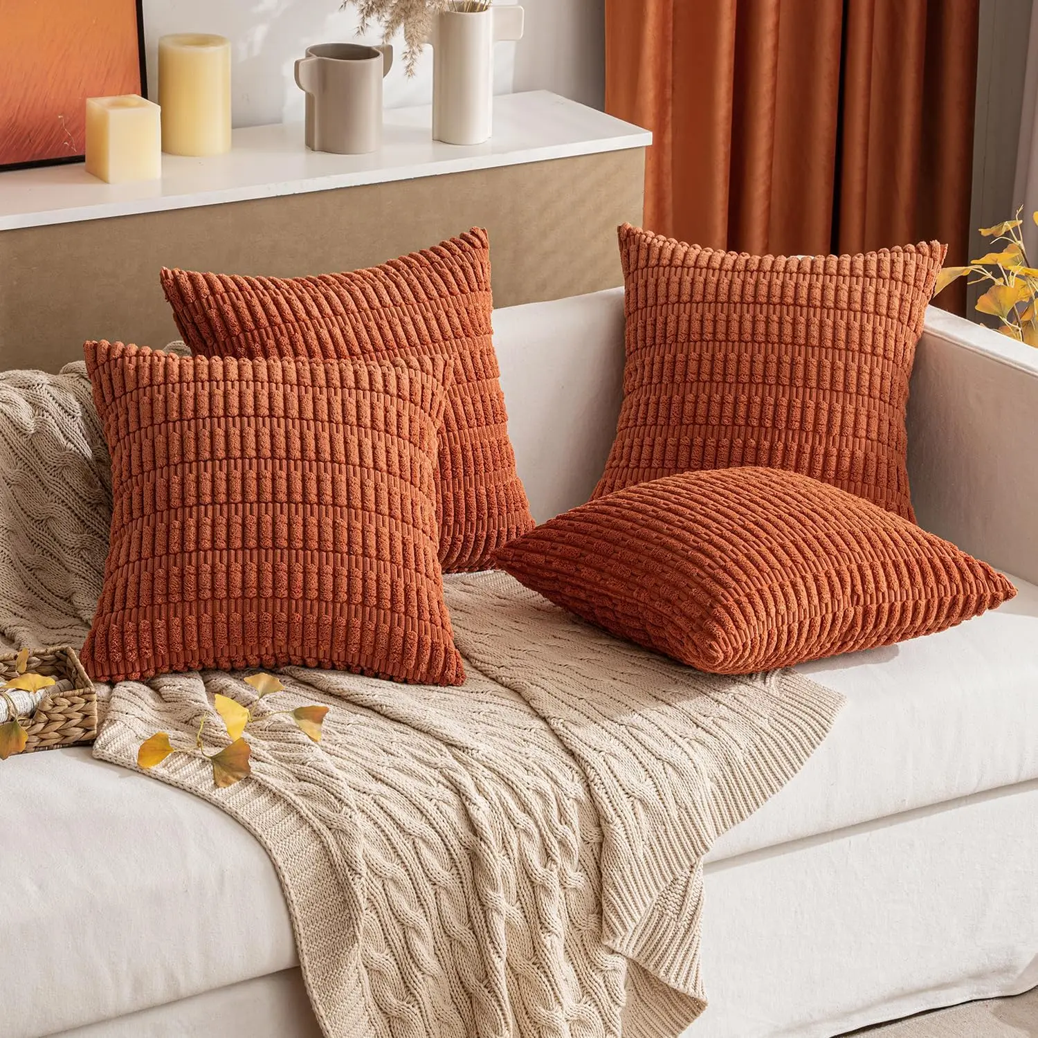 Boho Striped Corduroy Throw Pillow Covers - Soft Farmhouse Decor for Sofa and Bed, 18x18 Inch
