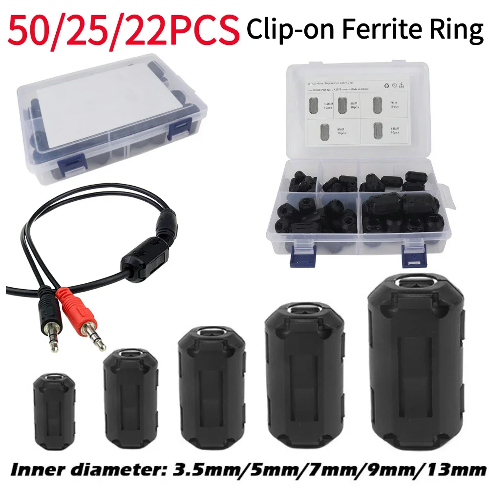 50/25/22Pcs Clip-on Ferrite Ring 3.5mm/5mm/7mm/9mm/13mm Anti-interference Degaussing Clamp Rings Toroidal Core Ferrite Bead Clip