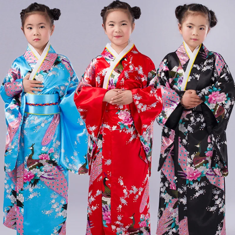 

2024 Children Girls Red Japanese Kimono Bathrobe Gown Print Flower Performance Clothing Yukata With Obitage Soft Cosplay Costume