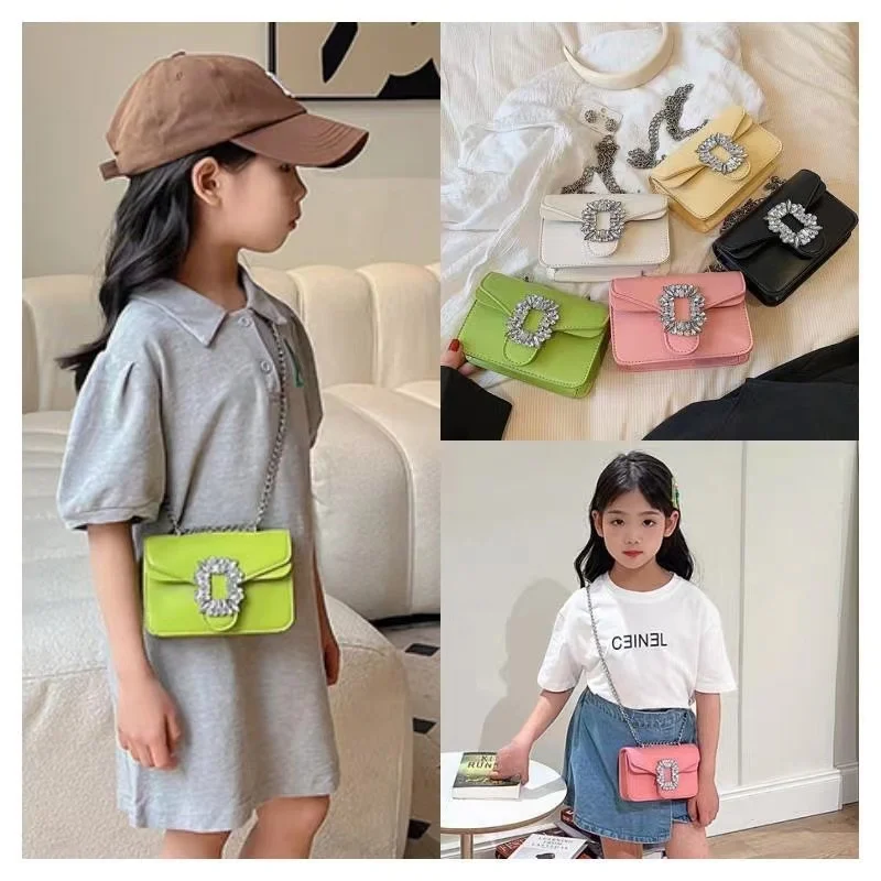 Fashion Solid Color Girls Shoulder Bag PU Handbag Children's Small Square Messenger Bag Chain Crossbody Bags For Kids Coin Purse