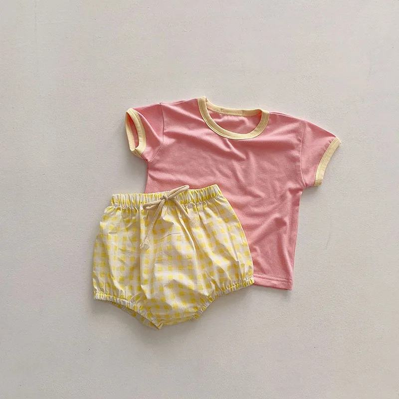 2025 Summer New Baby Short Sleeve Clothes Set Infant Girl Solid T Shirts + Plaid Shorts 2pcs Suit Toddler Boy Pp Pants Outfits 3 2025 Summer New Baby Short Sleeve Clothes Set Infant Girl Solid T Shirts + Plaid Shorts 2pcs Suit Toddler Boy Pp Pants Outfits - Image 3