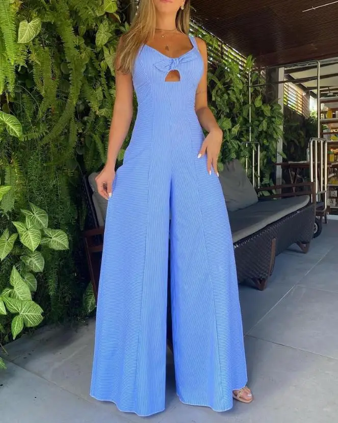 

Jumpsuit Women 2023 Spring/Summer Leisure Commuter Office Hollow Back Strap Stripe Printed Sleeveless Wide Leg Jumpsuit