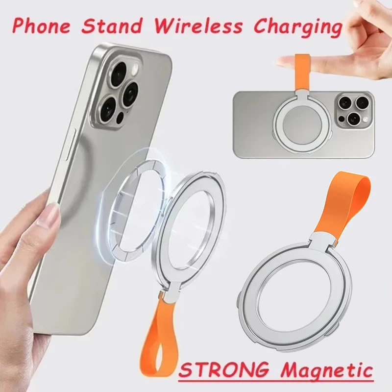 For MagSafe Magnetic Ring Phone Holder with Silicone Cord Rotating Kickstand For IPhone 16 15 Series Desktop Alloy Buckle Stand