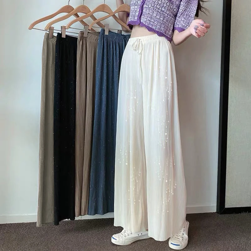 

Women Sparkling Drap Pants Starry Sky Wide Leg Pants Diamond Trouser Summer Casual Beach All-match Thin Pleated Breathable Soft