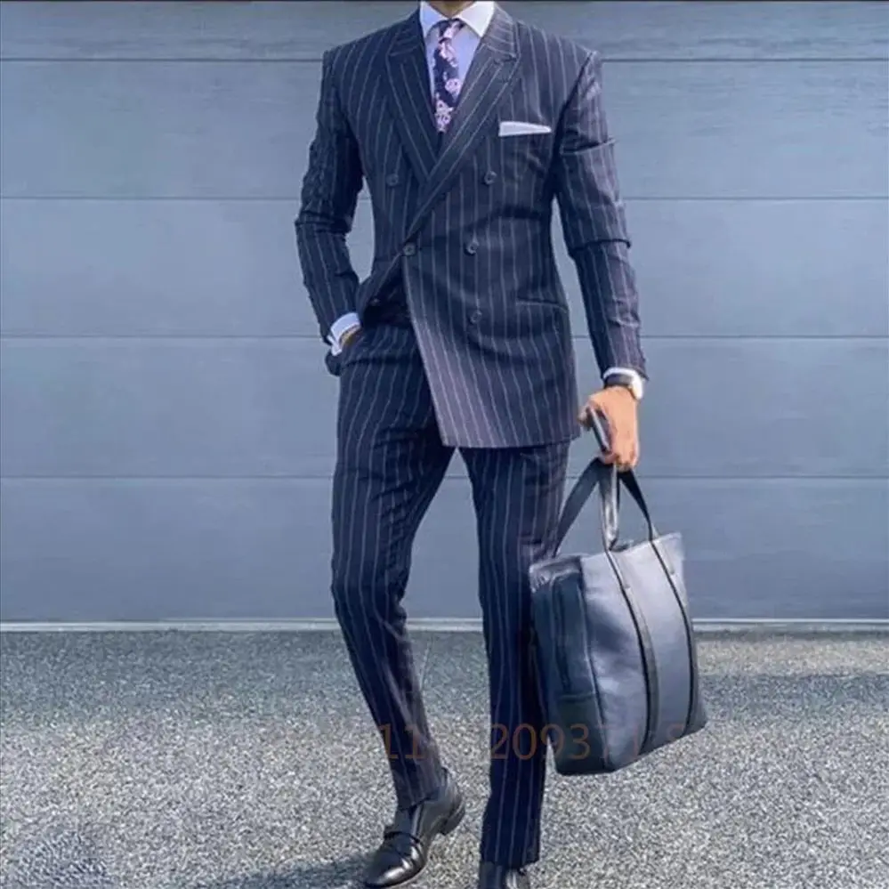 Navy Blue Striped Men Suits Slim Fit Wedding Groom Tuxedo Peak Lapel Business Blazer 2 Piece Set Costume