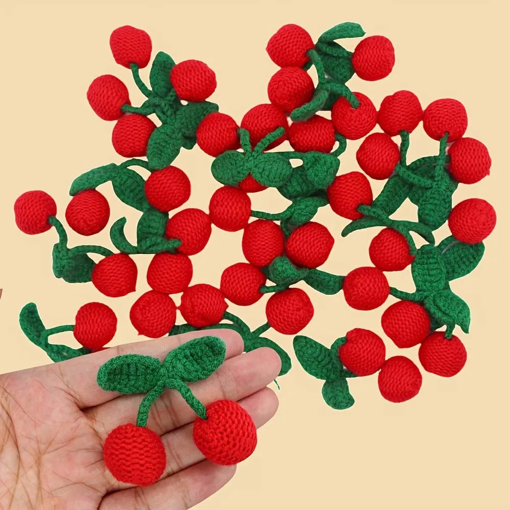 3pcs 수제 크로셰 체리 브로치, 녹색 잎사귀가 있는 체리 액세서리, DIY 공예, 가방 의류 장식, 공예용