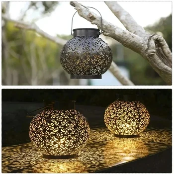 LED Solar Lantern Light Hollow Wrought Iron Projection Light Hanging Lamps Outdoor Waterproof Yard Garden Art Decoration 4