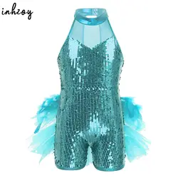 Girls Sequins Jazz Latin Ballet Dance Leotard Costume Kids Sleeveless Mock Neck Feather Jumpsuit Shiny Stage Performance Outfit