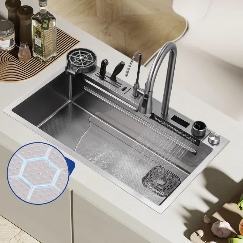 

Waterfall Sink Kitchen 304 Stainless Steel Sink Large Single Slot with Multifunction Touch Waterfall Faucet Above Counter