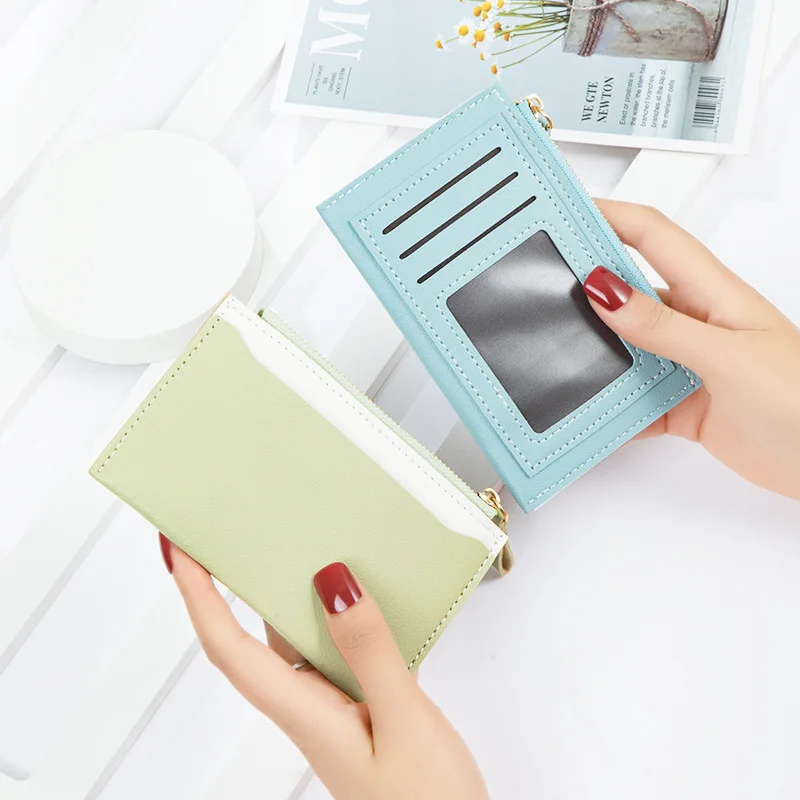 Women's Card Holder Wallet with Zipper, PU Leather Splicing Contrast Color, Small Fresh ID Card Coin Purse, Newest Design