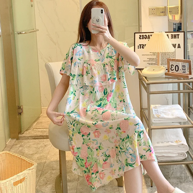 Floral Printed Nightgowns for Women Thin Cotton Summer Short Sleeves Ruffles Night Shirts Sleapwear Soft Sleep Dress Night Dress